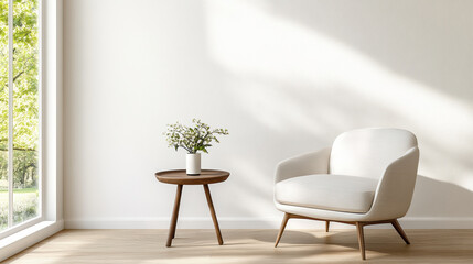 Minimalist living room with armchair and side table featuring flowers
