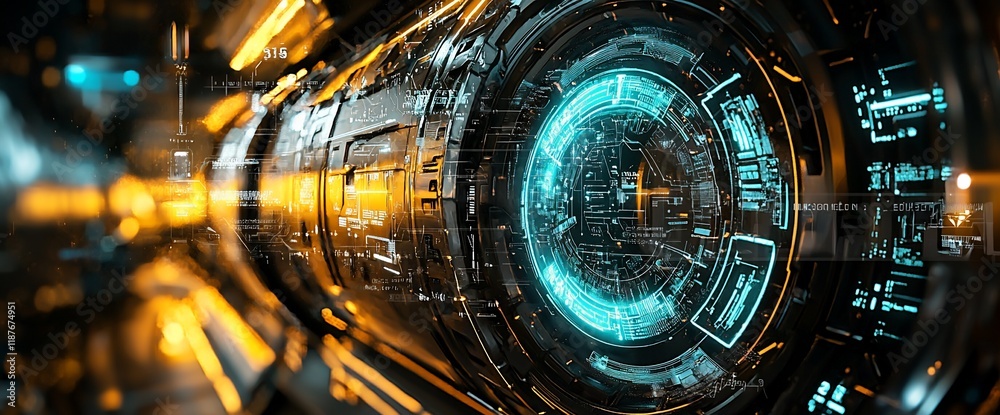 Poster futuristic technological interface with glowing cyan and gold details.