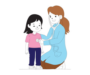 doctor and patient in hospital. Doctor Examining Child Patient Outline Coloring Page for Kids. Doctor examining a child patient with a stethoscope.
