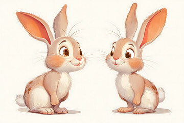 Fototapeta premium Two cute animated rabbits with large ears and friendly expressions.