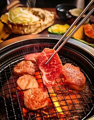 Yakiniku involves grilling meat at the table using tongs or chopsticks.