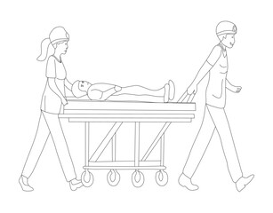 Paramedics Pulling a Patient on a Stretcher Labor Day Clip Art. Emergency Response Scene Paramedics with Stretcher Illustration. Paramedics at Work Labor Day Hand Drawn Clip Art.