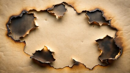 Obraz premium Burnt holes in paper with melted wax and charred edges, blackened, scorched, blackened, scorched
