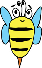 smiling cute striped yellow bee with wings and big sting