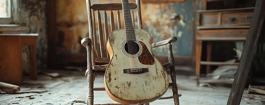 Worn acoustic guitar rests on an old rocking chair in an abandoned room.
