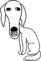 Fototapeta premium sitting sad mongrel dog opened toothy mouth and looks at camera