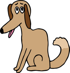 sitting sad beige mongrel dog sticking out tongue and looking at camera