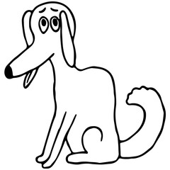 sitting sad mongrel dog sticks out tongue and looks at camera