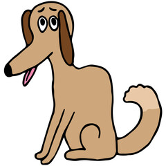 sitting sad beige mongrel dog sticking out tongue and looking at camera