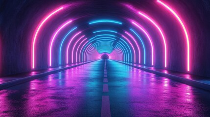 A journey through a neon tunnel, vibrant pink and blue lights illuminate a wet road, a futuristic and abstract digital art