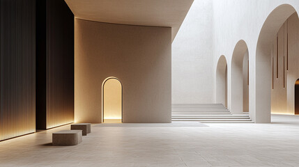 spacious minimalist interior featuring smooth walls, arches, and subtle lighting. design emphasizes simplicity and tranquility, creating serene atmosphere