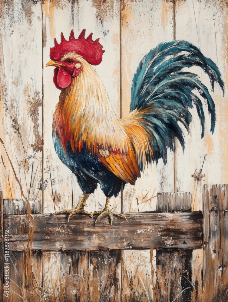 Poster colorful rooster perched confidently on a rustic wooden fence in a serene countryside setting at daw