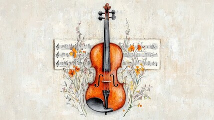 Elegant Violin Surrounded by Colorful Flowers and Sheet Music on Vintage Textured Background