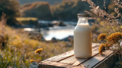 Fresh milk bottle on rustic wooden table in sunlit countryside setting