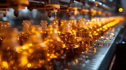 Automated Bottling Line Filling Glass Bottles With Liquid