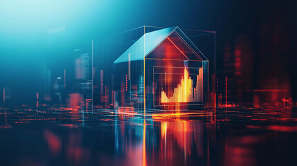 3D minimalist house design with glowing graph overlay, symbolizing real estate trends and data analysis. futuristic setting conveys innovation and technology