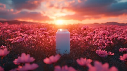 Sunset Serenity: A White Jar Amidst a Cosmos Field
