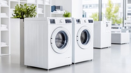 Modern Laundry Room with White Washing Machines and Clean Towels in a Bright and Airy Space