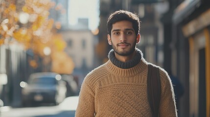 Fototapeta premium Young hispanic male adult in urban autumn setting