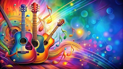 Vibrant music notes and guitars on a colorful background, music art, music notes,  music art