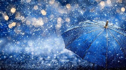 Blue umbrella in snowy, bokeh background.