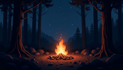 Campfire Under Starry Sky in Forest