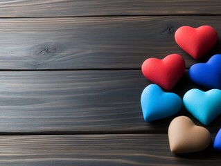 Fototapeta premium Colorful hearts playfully arranged on dark wood background. AI Generated