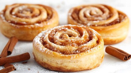 Fototapeta premium Three Cinnamon Rolls with Cinnamon Sticks and Powdered Sugar