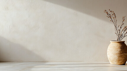 smooth stucco wall in soft beige tones with decorative vase holding dried branches, creating serene and minimalist atmosphere