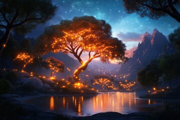 Naklejka premium Magical night landscape with glowing trees by a tranquil river under a starry sky