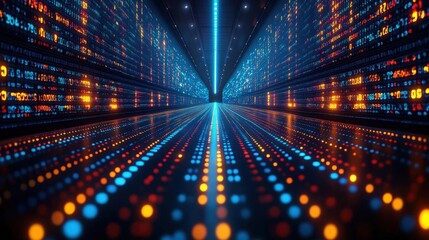 Abstract Digital Data Stream: Glowing Lines and Particles in a Futuristic Cyberspace Tunnel