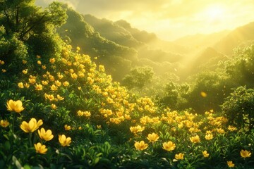 Obraz premium Golden sunset illuminates a hillside blanketed in vibrant yellow wildflowers. Perfect for illustrating nature, tranquility, or springtime themes.
