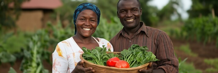A joyful couple smiling proudly while holding a basket filled with freshly harvested vegetables, emphasizing the rewarding experience of farming and sustainable living.