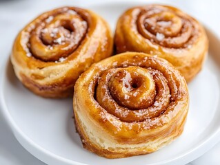 Fototapeta premium Three Glazed Cinnamon Rolls on White Plate
