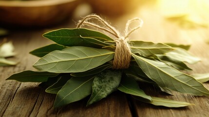 Obraz premium Fresh Bay Leaves Tied in a Rustic Bundle on a Wooden Table with Natural Light, Capturing Warmth and Simplicity in a Cozy Kitchen Atmosphere