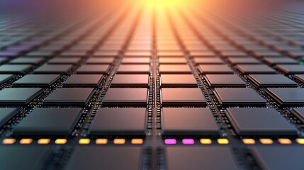 Abstract grid of microchips with glowing lights at sunset