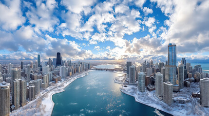 Fototapeta premium stunning view of bustling city skyline with river, snow, and clouds