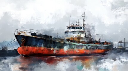 Fototapeta premium Vessel Docking at a Bustling Port with Overcast Sky: A Detailed Side Profile View of Marine Industrial Activity and Atmosphere
