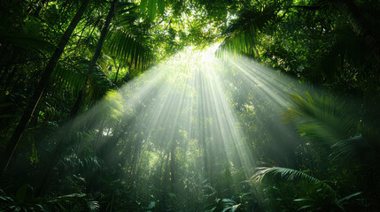 Obraz premium Dense rainforest with sunlight filtering through trees, creating serene atmosphere