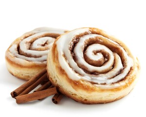 Fototapeta premium Two Cinnamon Rolls with Icing and Cinnamon Sticks
