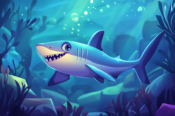 Fototapeta premium A cheerful cartoon shark swimming in a vibrant underwater scene with bubbles and plants.