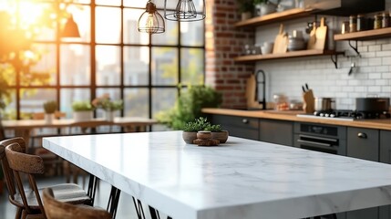 Fototapeta premium A modern kitchen features a marble table, wooden shelves, and large windows, creating a bright and inviting atmosphere with plants and stylish decor.