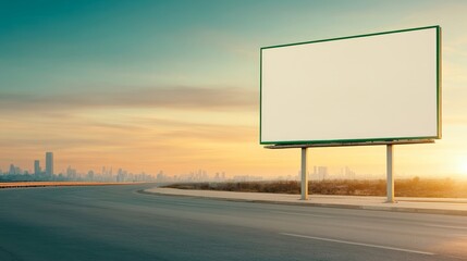 Large empty billboard on highway at sunset with city skyline in background