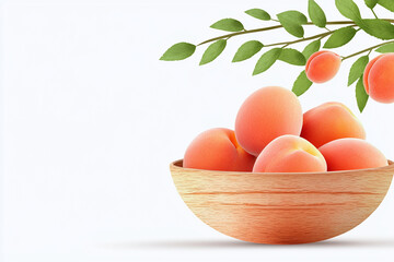 wooden bowl filled with ripe peaches and green leaves, creating fresh and vibrant scene. peaches are juicy and inviting, perfect for summer treat