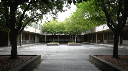 Quiet empty school courtyard with desolate pathways and abandoned benches