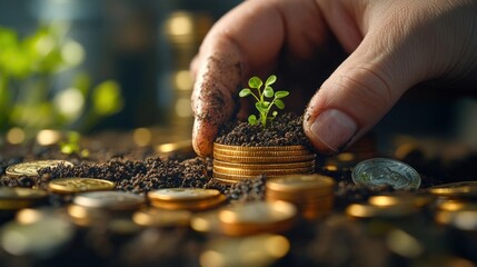 A Hand Gently Planting a Seedling on a Stack of Golden Coins in Rich Soil