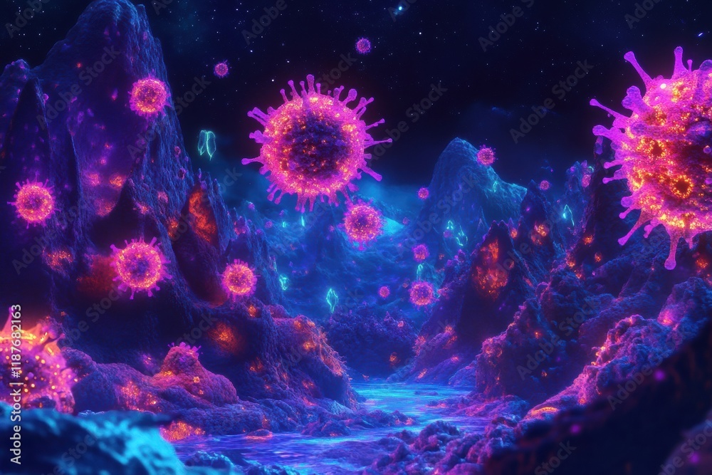 Aufkleber Vibrant microscopic landscape showcasing glowing viruses illuminated in a surreal environment at an unknown location. Generative AI