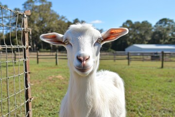 Fototapeta premium A cute white goat in a farm setting stares directly at the camera. Perfect for agricultural, livestock, or animal-related projects.