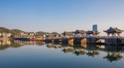 Chaozhou China 20th Dec 2024: The Guangji Bridge over the Han River is majestic and timeless, a masterpiece of ancient Chinese bridge architecture.