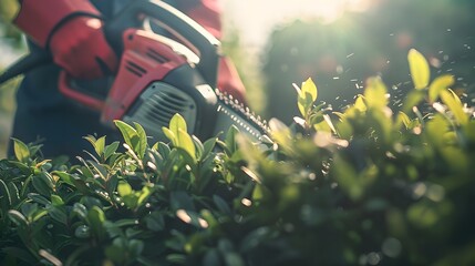 Bush pruning with hedge trimmer style photorealistic